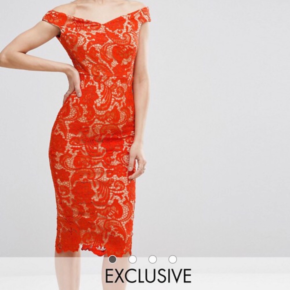 Never worn, lace, off-the-shoulder pencil dress.